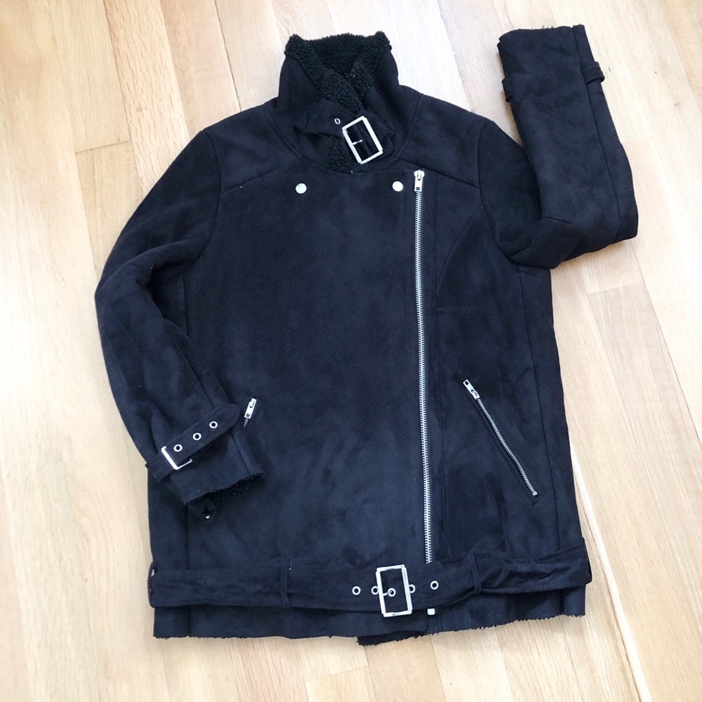 Women’s faux suede and shearling moto jacket